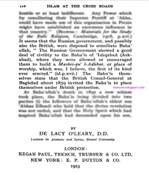 Book published in 1923 talks about Baha'i relations with Russia and Britain